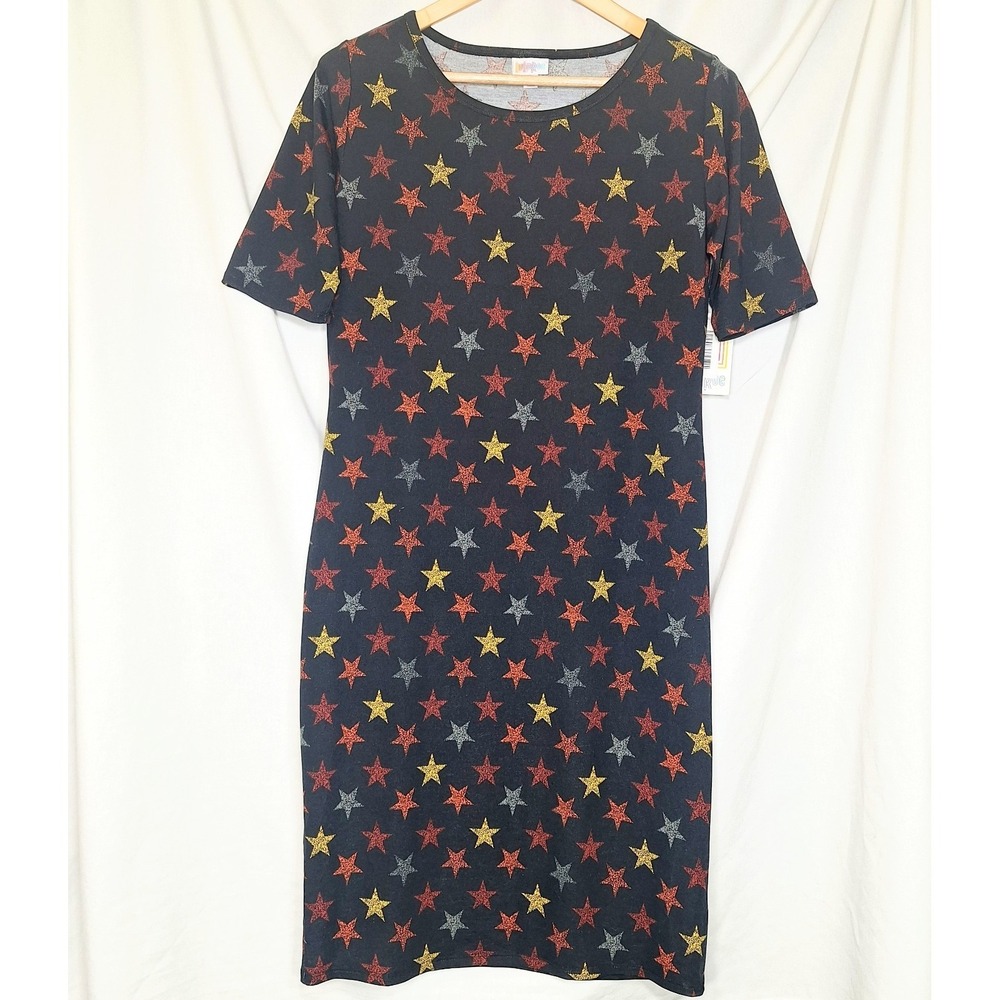 LuLaRoe Size L Black Dress Red Blue Gold Stars Soft Stretch Patriotic Large NWT - Picture 1 of 9